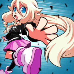 Rule 34 | 1girl, :o, ankle boots, blue background, blue eyes, boots, braid, foreshortening, hair between eyes, ia (vocaloid), long hair, mary cagle, pink skirt, platinum blonde hair, reaching, reaching towards viewer, running, skirt, solo, twin braids, very long hair, vocaloid