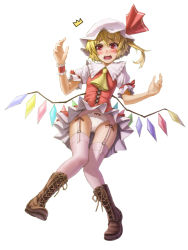 Rule 34 | 1girl, ^^^, adapted costume, ascot, blonde hair, blush, boots, cross-laced footwear, flandre scarlet, full body, garter belt, hat, kurione (zassou), lace-up boots, open mouth, panties, pink thighhighs, red eyes, short hair, side ponytail, simple background, skirt, solo, tears, thighhighs, third-party edit, touhou, underwear, upskirt, white background, white panties, wind, wind lift, wings, wrist cuffs