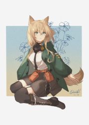 Rule 34 | 1girl, animal ears, arknights, black footwear, black skirt, black thighhighs, boots, dated, dog ears, dog girl, dog tail, garter straps, green eyes, green jacket, hair between eyes, highres, jacket, long hair, looking afar, mask, mask around neck, open clothes, open jacket, podenco (arknights), pouch, shirt, sidelocks, sitting, skirt, solo, tail, thighhighs, wariza, white background, white shirt, zhizhangsiyin