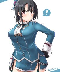Rule 34 | 1girl, ?, absurdres, artist name, ascot, beret, black gloves, black hair, blue hat, blue jacket, blue skirt, breasts, epaulettes, garter straps, gloves, hand on own hip, hat, highres, jacket, kantai collection, kiritto, large breasts, looking at viewer, pencil skirt, pout, red eyes, short hair, sidelocks, simple background, skirt, solo, spoken question mark, standing, takao (kancolle), upper body, white background
