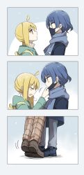 Rule 34 | 2girls, 3koma, ahoge, backpack, bag, black mask, blonde hair, blue footwear, blue hair, blue scarf, blush, bocchi the rock!, brown footwear, closed eyes, closed mouth, comic, commentary, covered mouth, dark blue hair, earrings, eye contact, highres, hood, hood down, ijichi nijika, implied kiss, jewelry, kuma (bloodycolor), long sleeves, looking at another, mask, mask pull, mole, mole under eye, mouth mask, multiple girls, open mouth, orange eyes, pants, plaid, plaid pants, scarf, shoelaces, short hair, sigh, silent comic, tiptoes, yamada ryo, yellow eyes, yuri