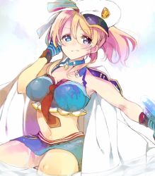 Rule 34 | 10s, 1girl, ayase eli, bad id, bad twitter id, blonde hair, blue eyes, gradient background, hat, jacket, jacket on shoulders, love live!, love live! school idol festival, love live! school idol project, midriff, mope, navel, partially submerged, peaked cap, ponytail, skirt, solo