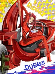Rule 34 | 1girl, biker clothes, bikesuit, bodysuit, breasts, dashboard, hair ornament, hairpin, high heels, izayoi aki, long legs, looking at viewer, medium breasts, motor vehicle, motorcycle, open mouth, red bodysuit, red hair, riding, short hair with long locks, smile, tagme, yu-gi-oh!, yu-gi-oh! 5d&#039;s