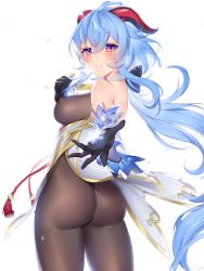 Rule 34 | 1girl, ahoge, ass, bare shoulders, bell, black gloves, blue hair, blush, bodysuit, breasts, breath, covered erect nipples, cowbell, cowboy shot, detached sleeves, facing away, foreshortening, ganyu (genshin impact), genshin impact, gloves, goat horns, grin, hair between eyes, highres, horns, ia (ias1010), large breasts, long hair, long sleeves, looking at viewer, looking back, outstretched arm, purple eyes, simple background, smile, snowflakes, solo, tassel, teeth