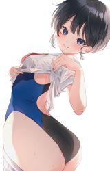 Rule 34 | 1girl, black hair, blue eyes, clothes lift, commentary request, competition swimsuit, cowboy shot, dress shirt, harui (hr x9 ), highres, necktie, one-piece swimsuit, original, red necktie, shirt, shirt lift, short hair, simple background, smile, solo, swimsuit, two-tone swimsuit, white background, white shirt