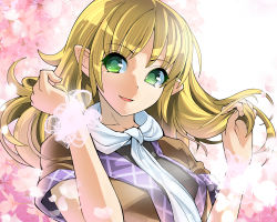 Rule 34 | 1girl, blonde hair, flower, green eyes, long hair, looking at viewer, mizuhashi parsee, pointy ears, scarf, shirt, short sleeves, smile, solo, touhou, umigarasu (kitsune1963), upper body, wrist cuffs