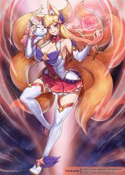 Rule 34 | 1girl, ahri (league of legends), alternate costume, alternate eye color, alternate hair color, animal ears, bare shoulders, blonde hair, boots, breasts, choker, cleavage, detached sleeves, fox ears, fox tail, gonster, hair ornament, hairband, high heel boots, high heels, highres, large breasts, league of legends, legs, long hair, long legs, magical girl, multiple tails, purple eyes, skirt, smile, spread legs, star guardian (league of legends), star guardian ahri, stiletto heels, tail, thigh boots, thighhighs, thighs, white thighhighs