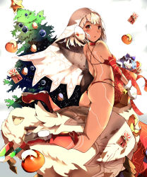 Rule 34 | 1girl, altera (fate), altera the santa (fate), apple, ass, bell, bikini, blush, boots, box, brown eyes, card, choker, christmas ornaments, christmas tree, commentary request, dark-skinned female, dark skin, fate/grand order, fate (series), food, fruit, gift, gift box, highres, holding, knee boots, kyuu (plastic night q), looking at viewer, looking back, mittens, parted lips, red bikini, red choker, red footwear, riding, shawl, sheep, short hair, solo, star (symbol), swimsuit, white background, white hair, white mittens