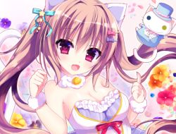 Rule 34 | 1girl, :d, animal ears, bare shoulders, bell, blue bow, blue hat, blush, bow, breasts, brown hair, cat, cat ears, cat girl, cat tail, cleavage, commentary request, dress, flower, hair between eyes, hair bow, hair ornament, hairclip, hat, jingle bell, long hair, looking at viewer, medium breasts, open mouth, orange flower, original, petals, pink bow, purple bow, purple flower, red bow, red eyes, red flower, shiwasu horio, smile, solo, star (symbol), star hair ornament, strapless, strapless dress, tail, top hat, twintails, very long hair, white dress, yellow flower