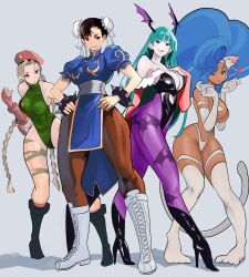 Rule 34 | absurdres, animal ears, bat wings, big hair, blue dress, blue hair, boots, bracelet, braid, breasts, brown eyes, brown hair, bun cover, cammy white, camouflage, capcom, cat ears, cat girl, cat tail, china dress, chinese clothes, chun-li, cleavage, clothing cutout, cross-laced footwear, demon girl, double bun, dress, earrings, felicia (vampire), garrison cap, green eyes, green hair, green leotard, hair bun, hair pulled back, hat, head wings, heart cutout, highres, jewelry, large breasts, leotard, lightning bolt symbol, long hair, meke (77842928), morrigan aensland, pantyhose, pelvic curtain, puffy short sleeves, puffy sleeves, ribbed leotard, sash, short sleeves, side slit, spiked bracelet, spikes, street fighter, tail, thong leotard, twin braids, vampire (game), white footwear, white fur, wings, yellow eyes