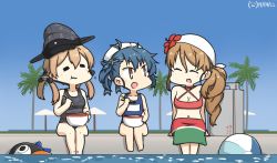 Rule 34 | 3girls, anchor hair ornament, ball, bandana, beach umbrella, beachball, bikini, black one-piece swimsuit, blonde hair, blue hair, blue one-piece swimsuit, blue sky, bowl, breasts, brown eyes, brown hair, chopsticks, cleavage, closed eyes, commentary request, dated, day, eating, flat chest, flower, fukae (kancolle), full body, gradient hair, grey headwear, hair flower, hair ornament, hamu koutarou, hat, highres, inflatable toy, italia (kancolle), kantai collection, littorio (kancolle), long hair, medium breasts, meltryllis (swimsuit lancer) (first ascension) (fate), multicolored hair, multiple girls, name tag, one-hour drawing challenge, one-piece swimsuit, outdoors, palm tree, peaked cap, poolside, prinz eugen (kancolle), red bikini, remodel (kantai collection), sarong, school swimsuit, short hair, side ponytail, sidelocks, sitting, sky, soaking feet, swimsuit, tree, tsurime, twintails, umbrella, water, white headwear, x navel