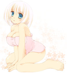 Rule 34 | 1girl, all fours, barefoot, black owls, blue eyes, blush, breasts, cleavage, female focus, large breasts, open mouth, original, short hair, sitting, solo, towel, white hair