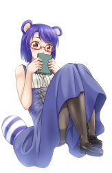 Rule 34 | 1girl, animal ears, bare arms, bare shoulders, black footwear, black pantyhose, blue hair, blue skirt, blush, book, book to mouth, character request, collared shirt, commentary request, dress shirt, framed breasts, full body, glasses, holding, holding book, light blush, long skirt, looking at viewer, orange eyes, original, overall skirt, overalls, pantyhose, raccoon dog ears, raccoon dog girl, raccoon dog tail, raccoon girl, red-framed eyewear, semi-rimless eyewear, shimotsuki iko, shirt, shoes, short hair, simple background, sitting, skirt, sleeveless, sleeveless shirt, solo, tail, under-rim eyewear, white background, white shirt