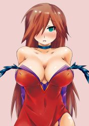 Rule 34 | 1girl, aqua eyes, blush, breasts, brown hair, choker, hair over one eye, large breasts, long hair, looking at viewer, nyx (queen&#039;s blade), queen&#039;s blade, solo, tetotepenson