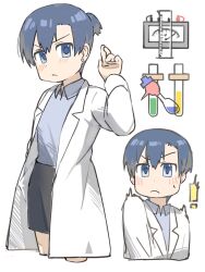 Rule 34 | !, 1girl, asymmetrical bangs, black skirt, blue eyes, blue hair, blue shirt, blush, closed mouth, collared shirt, cropped legs, cropped torso, dot nose, earrings, expressionless, flinch, from side, hair between eyes, hair bun, hand up, highres, jewelry, jitome, lab coat, looking at viewer, multiple views, nakakiwaz, nakamura kana, nichijou, pearl earrings, shirt, shirt tucked in, short hair, simple background, skirt, solo, standing, sweatdrop, test tube, v-shaped eyebrows, vial, white background