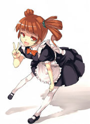 Rule 34 | 1girl, apron, bad id, bad pixiv id, bent over, bow, bowtie, brown eyes, brown hair, dress, hand on own knee, idolmaster, idolmaster (classic), maid, maid apron, maid fairy tale, open mouth, pantyhose, solo, standing, standing on one leg, takatsuki yayoi, twintails, v, yasumo (kuusouorbital)
