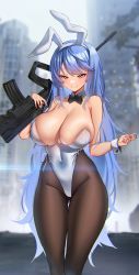 Rule 34 | 1girl, absurdres, anima (togashi), animal ears, assault rifle, bare shoulders, black bow, black bowtie, blue hair, blurry, blurry background, bow, bowtie, breasts, bullpup, cleavage, closed mouth, collarbone, curvy, depth of field, detached collar, fake animal ears, girls&#039; frontline, gun, hairband, highleg, highres, holding, holding gun, holding weapon, iwi tavor, large breasts, leotard, long hair, looking at viewer, pantyhose, playboy bunny, rabbit ears, rifle, skindentation, smile, sniper rifle, solo, standing, strapless, strapless leotard, tar-21 (girls&#039; frontline), tar-21 (night at the bar) (girls&#039; frontline), tavor tar-21, thigh gap, very long hair, weapon, white leotard, wrist cuffs, yellow eyes