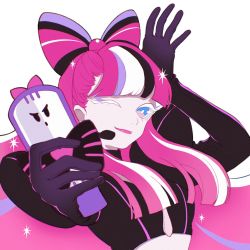 Rule 34 | 1girl, artist request, black gloves, blue eyes, bow, breasts, cleavage, commentary request, cookie run, crop top, earrings, gloves, hair bow, highres, humanization, jewelry, long hair, looking at viewer, medium breasts, multicolored hair, non-web source, one eye closed, pink background, pink hair, shining glitter cookie, simple background, smile, solo, source request, sparkle, streaked hair, upper body