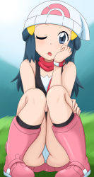 Rule 34 | 1girl, absurdres, ass, bare legs, blue eyes, blue hair, boots, creatures (company), dawn (pokemon), full body, game freak, hair ornament, hairclip, headwear request, highres, kuro hopper, long hair, looking at viewer, nintendo, open mouth, panties, pokemon, pokemon (anime), pokemon dppt (anime), scarf, simple background, skirt, sky, sleeveless, solo, squatting, underwear, white background, white headwear, white panties