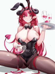 Rule 34 | 1girl, absurdres, animal ears, azur lane, black bow, black bowtie, black leotard, bow, bowtie, cup, detached collar, drinking glass, fake animal ears, hand up, highres, hindenburg (azur lane), hindenburg (delirious duel) (azur lane), holding, holding cup, holding tray, horns, leotard, long hair, looking at viewer, luai, pantyhose, parted lips, pink eyes, playboy bunny, pointy ears, pouring, rabbit ears, red hair, simple background, solo, strapless, strapless leotard, tail, thighs, tray, very long hair, white background, wine glass