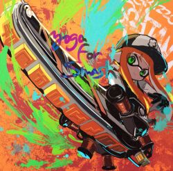 Rule 34 | 1girl, aqua background, baseball cap, commentary request, glaze artifacts, green background, green eyes, grizzco splatana (splatoon), hat, hirotaka (hrtk990203), holding, holding sword, holding weapon, inkling, inkling girl, inkling player character, long hair, multicolored background, nintendo, orange background, orange hair, pointy ears, red background, salmon run (splatoon), solo, splatoon (series), splatoon 3, sword, tentacle hair, weapon, weapon name