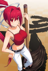 Rule 34 | 1girl, belt, breasts, checkered floor, cleavage, collarbone, floating hair, groin, hair between eyes, hair ribbon, hand on own hip, high ponytail, highres, holding, holding brush, koyama keisuke, large breasts, long hair, looking at viewer, midriff, navel, pants, red eyes, red hair, red shirt, ribbon, shirt, sleeveless, sleeveless shirt, smile, solo, standing, stomach, under night in-birth, very long hair, white pants, white ribbon, yuzuriha (under night in-birth)