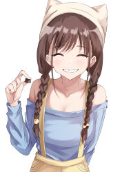 Rule 34 | 1girl, :d, animal hat, arm behind back, arm up, beanie, beige headwear, beige pants, blue shirt, blush, braid, brown hair, candy, cat hat, chocolate, closed eyes, collarbone, food, hat, highres, holding, holding candy, holding food, idolmaster, idolmaster shiny colors, long hair, long sleeves, off-shoulder shirt, off shoulder, open mouth, shirt, simple background, smile, solo, sonoda chiyoko, suspenders, tranquility of nature, twin braids, upper body, white background, white hat, | |