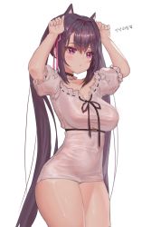 Rule 34 | animal ears, annie (destiny child), arms up, blush, breasts, cat ears, destiny child, dress, frilled sleeves, frills, hair ribbon, highres, large breasts, myabit, ribbon, tagme, thighs, twintails, white dress
