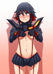 Rule 34 | 10s, 1girl, black hair, blue eyes, blush, breasts, covering privates, covering breasts, elbow gloves, embarrassed, gloves, hairpods, kill la kill, living clothes, looking away, matoi ryuuko, midriff, miniskirt, multicolored hair, navel, red hair, revealing clothes, senketsu, short hair, skirt, solo, soujun, suspenders, two-tone hair, underboob