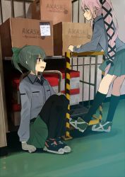 Rule 34 | 10s, 2girls, annin musou, bad id, bad twitter id, bow, box, cardboard box, commentary request, green eyes, green hair, hair bow, hair ornament, jacket, kantai collection, legs together, knees up, leaning on object, long hair, long sleeves, multiple girls, open mouth, pantyhose, pink hair, pleated skirt, ponytail, shoes, sitting, skirt, sneakers, socks, standing, thighhighs, yura (kancolle), yuubari (kancolle)