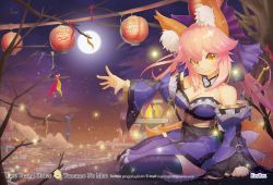 Rule 34 | 1girl, animal ear fluff, animal ears, bad id, bad pixiv id, bare shoulders, blue kimono, blue legwear, blue ribbon, branch, breasts, character name, cleavage, collarbone, commentary, commentary request, detached sleeves, fate/grand order, fate (series), fox ears, fox girl, fox tail, full moon, hair ribbon, highres, japanese clothes, keureu (tiqkdtiqkd10), kimono, lantern, lantern festival, large breasts, looking at viewer, moon, night, night sky, obi, outdoors, paper lantern, pink hair, ribbon, sash, sitting, sky, sky lantern, solo, tail, tamamo (fate), tamamo no mae (fate/extra), tree, twitter username, yellow eyes