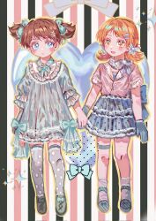 Rule 34 | 2girls, blue eyes, blush stickers, bow, brown hair, dress, dress bow, full body, gloves, hair bow, hair ornament, hairclip, highres, holding hands, karen mccormick, low twintails, multiple girls, open mouth, orange eyes, orange hair, polka dot thighhighs, s3zwrtdyqaewnci, skirt, smile, socks, south park, striped background, thigh strap, tricia tucker, twintails