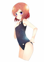 Rule 34 | 10s, 1girl, adjusting clothes, adjusting swimsuit, blush, brown hair, cowboy shot, cropped legs, frown, looking at viewer, love live!, love live! school idol project, meito (maze), nishikino maki, one-piece swimsuit, open mouth, purple eyes, red hair, school swimsuit, short hair, solo, swimsuit, thighs, tongue, wavy mouth, white background