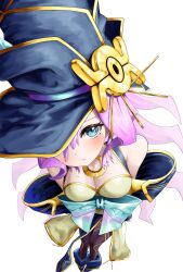 Rule 34 | 1girl, absurdres, bare shoulders, blue eyes, blush, boots, bow, breasts, cleavage, detached sleeves, dress, duel monster, eye of horus, from above, hair between eyes, hat, highres, long hair, medium breasts, nightmare apprentice, pantyhose, purple hair, solo, triangle del, wizard hat, yu-gi-oh!