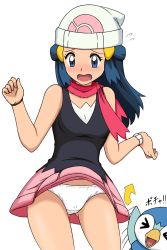 Rule 34 | 1girl, bad id, bad pixiv id, beanie, blue eyes, blue hair, blush, breasts, clothes lift, creatures (company), dawn (pokemon), game freak, gen 4 pokemon, gluteal fold, hat, highres, kuro hopper, lifting another&#039;s clothes, long hair, matching hair/eyes, medium breasts, nintendo, open mouth, panties, piplup, pokemon, pokemon (creature), simple background, skirt, skirt lift, solo, underwear, white background, white panties