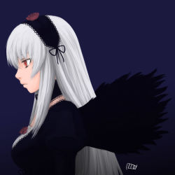 Rule 34 | 1girl, dress, hairband, itou yuuji, long hair, portrait, profile, red eyes, rozen maiden, silver hair, simple background, solo, suigintou, wings