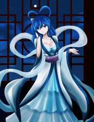 Rule 34 | 1girl, absurdres, adjusting hair, alternate costume, blue dress, blue eyes, blue hair, breasts, chinese clothes, cleavage, commentary request, dress, frilled dress, frills, full moon, hair ornament, hair rings, hair stick, hanfu, head tilt, highres, hisin, kaku seiga, large breasts, layered dress, looking at viewer, medium hair, moon, shawl, solo, touhou, window