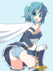 Rule 34 | 10s, 1girl, :d, ass, blue eyes, blue hair, blush, cape, elbow gloves, gloves, looking at viewer, looking back, magical girl, mahou shoujo madoka magica, mahou shoujo madoka magica (anime), matching hair/eyes, md5 mismatch, miki sayaka, naitou kouse, open mouth, panties, polka dot, polka dot panties, short hair, smile, solo, sword, thighhighs, underwear, weapon