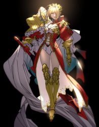 Rule 34 | 1girl, adapted costume, aestus estus, armor, asymmetrical clothes, black background, blonde hair, cape, epaulettes, fate/extra, fate (series), fingerless gloves, gauntlets, gloves, greaves, green eyes, hair ornament, hair over one eye, head wreath, highres, holding, holding sword, holding weapon, nero claudius (fate), nero claudius (fate) (all), nero claudius (fate/extra), pauldrons, red gloves, shoulder armor, simple background, single gauntlet, single pauldron, solo, sword, tenobe, weapon
