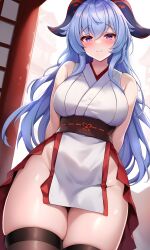 Rule 34 | 1girl, absurdres, alternate costume, arms behind back, blue hair, blush, breasts, brown thighhighs, closed mouth, commentary request, ganyu (genshin impact), genshin impact, goat horns, hair between eyes, highres, horns, japanese clothes, large breasts, long hair, looking at viewer, miko, mitomumitomu, obi, purple eyes, sash, smile, solo, thighhighs, thighs