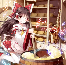 Rule 34 | 1girl, ;q, album cover, apron, ascot, barrel, beamed quavers, blush, bow, breasts, brown hair, cheese, cheese wheel, commentary request, cover, crotchet rest, detached sleeves, flat sign, food, hair bow, hair tubes, hakurei reimu, indoors, instrument, knees together feet apart, licking lips, long hair, looking at viewer, miyase mahiro, musical note, one eye closed, quaver, red eyes, ribbon-trimmed sleeves, ribbon trim, saxophone, sharp sign, shelf, smile, solo, staff (music), stirring, thighhighs, tongue, tongue out, touhou, treble clef