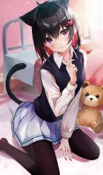 Rule 34 | 1girl, absurdres, ahoge, animal ears, bed, black hair, black pantyhose, black vest, blush, cat ears, cat girl, cat tail, collared shirt, colored inner hair, commentary request, fingernails, hair ornament, hand up, heart, heart hair ornament, highres, indoors, long sleeves, looking at viewer, miniskirt, multicolored hair, nail polish, nanashinayuzu mochi, no shoes, original, pantyhose, pink eyes, pleated skirt, red hair, red nails, shirt, short hair, sitting, skirt, solo, stuffed animal, stuffed toy, tail, tail raised, teddy bear, thighhighs, twintails, vest, white shirt, white skirt