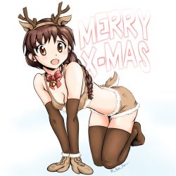 Rule 34 | 10s, 1girl, alternate costume, animal costume, animal ears, antlers, bad id, bad pixiv id, bell, blush, bow, bowtie, bra, braid, breasts, brown bra, brown eyes, brown hair, brown mittens, brown thighhighs, christmas, cleavage, collar, deer ears, english text, fake animal ears, fur-trimmed bra, fur trim, girls und panzer, gloves, highres, horns, looking at viewer, medium breasts, mittens, neck bell, open mouth, ponytail, red bow, red bowtie, reindeer antlers, reindeer costume, rukuriri (girls und panzer), short shorts, shorts, simple background, single braid, skindentation, smile, solo, tail, thighhighs, underwear, white background