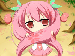 Rule 34 | 1girl, cherry, chibi, covering own mouth, food, food-themed hair ornament, fruit, hair ornament, hatsune miku, holding, holding own hair, long hair, looking at viewer, n39, necktie, pink hair, red eyes, ruffling hair, sakura miku, solo, twintails, very long hair, vocaloid