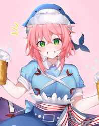Rule 34 | 1girl, alcohol, apron, beer, beer mug, blue apron, blue dress, breasts, cup, dress, foam, green eyes, highres, large breasts, looking at viewer, majime joe, mug, okunoda miyoi, pink background, pink hair, smile, solo, touhou, whale hat