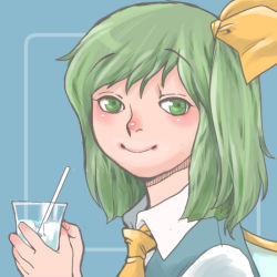 Rule 34 | 1girl, ascot, blue dress, bow, calpis, cup, daiyousei, dress, drinking glass, drinking straw, fairy wings, green eyes, green hair, hair bow, hair ribbon, holding, holding cup, holding drinking glass, looking at viewer, matching hair/eyes, onikobe rin, ribbon, side ponytail, smile, solo, touhou, wings