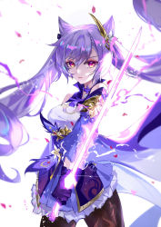 Rule 34 | 1girl, bare shoulders, breasts, brown pantyhose, choker, colored eyelashes, cone hair bun, detached sleeves, double bun, dress, flower, frilled dress, frills, genshin impact, gloves, glowing, glowing sword, glowing weapon, hair bun, hair flower, hair ornament, highres, holding, holding sword, holding weapon, keqing (genshin impact), long hair, looking at viewer, medium breasts, pantyhose, purple choker, purple dress, purple eyes, purple gloves, purple hair, sidelocks, solo, standing, sword, twintails, vardan, very long hair, weapon