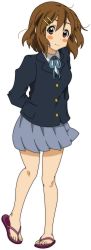 Rule 34 | 1girl, arms behind back, bad id, bad pixiv id, bare legs, blazer, blush stickers, brown eyes, brown hair, feet, flip-flops, full body, hair ornament, hairclip, highres, hirasawa yui, jacket, k-on!, looking at viewer, miniskirt, official style, pleated skirt, sandals, school uniform, showers-u, skirt, smile, solo, standing, toes, transparent background
