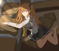 Rule 34 | 1girl, absurdres, bare legs, barefoot, black bow, black skirt, black sports bra, black tank top, bow, breasts, brown hair, closed mouth, floor, girls&#039; frontline, hair bow, hanser, highres, legs, light brown hair, long hair, looking at viewer, medium breasts, on floor, open clothes, open shirt, pillow, red eyes, room, scar, scar across eye, scar on face, shirt, simple background, skirt, smile, smirk, solo, sports bra, tank top, twintails, ump9 (girls&#039; frontline), white shirt