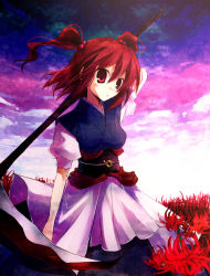Rule 34 | 1girl, bad id, bad pixiv id, cloud, female focus, flower, onozuka komachi, outdoors, plant, red hair, scythe, short hair, sky, solo, spider lily, standing, suzushiro kurumi, touhou, twintails, two side up